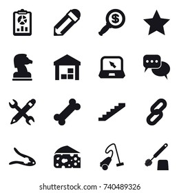 16 vector icon set : report, pencil, dollar magnifier, star, chess horse, warehouse, notebook, discussion, pencil wrench, stairs, walnut crack, cheese, vacuum cleaner, toilet brush