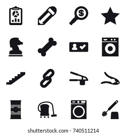 16 vector icon set : report, pencil, dollar magnifier, star, chess horse, check in, washing machine, stairs, garlic clasp, walnut crack, vacuum cleaner, toilet brush