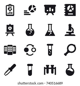 16 vector icon set : report, diagram, presentation, annual report, round flask, flask, microscope, server, quantum bond, vial, magnifier