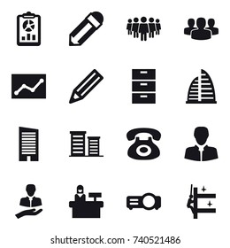 16 vector icon set : report, pencil, team, group, statistic, skyscraper, district, reception, skyscrapers cleaning