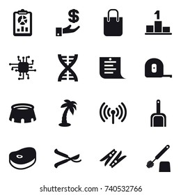 16 vector icon set : report, investment, shopping bag, pedestal, chip, dna, shopping list, measuring tape, stadium, palm, wireless, scoop, pruner, clothespin, toilet brush