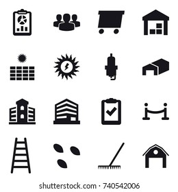 16 vector icon set : report, group, delivery, warehouse, sun power, spark plug, building, vip fence, stairs, seeds, rake, barn