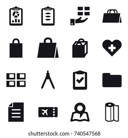 16 vector icon set : report, clipboard, gift, shopping bag, panel house, drawing compass, ticket, map, paper towel