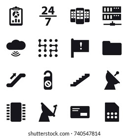 16 vector icon set : report, 24/7, server, cloud wireless, chip, escalator, do not distrub, stairs, satellite antenna