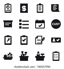16 vector icon set : report, receipt, clipboard, shopping list, atm receipt, list, check in, baggage checking, inspector, reception, clipboard list