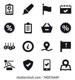 16 vector icon set : report, marker, flag, calendar, percent, clipboard, remove from basket, sale, info, mobile checking, map