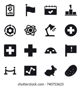 16 vector icon set : report, flag, calendar, pedestal, around gear, atom, table lamp, dome house, vip fence, rabbit, potato