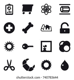 16 vector icon set : report, delivery, atom, nanotube, project, unlock, sun, key, flower in window, scissors, drop