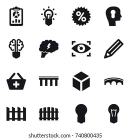 16 vector icon set : report, bulb, percent, bulb head, bulb brain, brain, eye identity, pencil, add to basket, bridge, 3d, fence