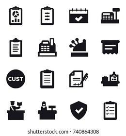 16 vector icon set : report, clipboard, calendar, cashbox, atm receipt, baggage checking, inspector, reception, clipboard list