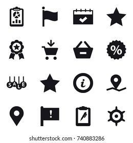 16 vector icon set : report, flag, calendar, star, medal, add to cart, remove from basket, percent, sale, info, handwheel