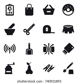 16 vector icon set : report, shopping bag, remove from basket, donut, measuring tape, stadium, wireless, scoop, hand mill, pear, clothespin, toilet brush