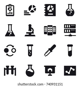 16 vector icon set : report, diagram, annual report, round flask, flask, microscope, server, quantum bond, vial, presentation