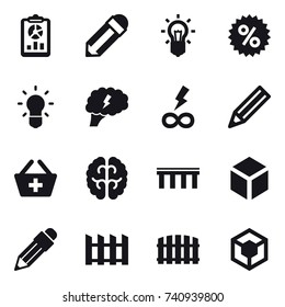16 vector icon set : report, pencil, bulb, percent, brain, infinity power, add to basket, bridge, 3d, fence
