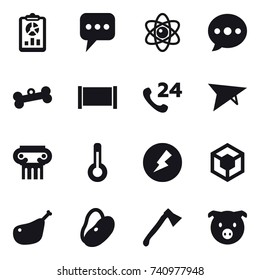 16 vector icon set : report, message, atom, ballon, bone, fence, deltaplane, antique column, thermometer, electricity, axe, pig