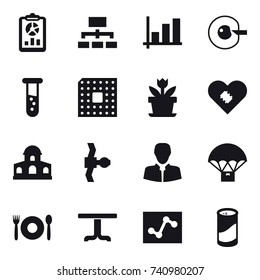 16 vector icon set : report, hierarchy, graph, cell corection, vial, cpu, flower, mansion, cafe, table, cleanser powder