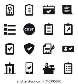 16 vector icon set : report, clipboard, calendar, shopping list, list, check in, detector, mobile checking, reception, clipboard list