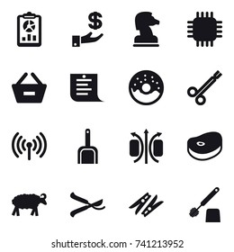 16 vector icon set : report, investment, chess horse, chip, remove from basket, shopping list, donut, wireless, scoop, sheep, pruner, clothespin, toilet brush