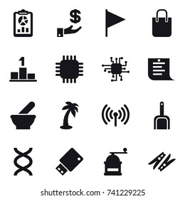 16 vector icon set : report, investment, flag, shopping bag, pedestal, chip, shopping list, palm, wireless, scoop, hand mill, clothespin