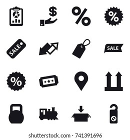 16 vector icon set : report, investment, percent, sale, up down arrow, label, ticket, train, package, do not distrub