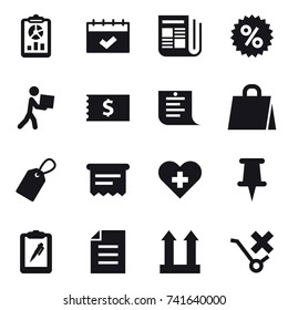 16 vector icon set : report, calendar, newspaper, percent, courier, receipt, shopping list, shopping bag, label, atm receipt