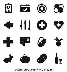16 vector icon set : report, calendar, around gear, atom core, left arrow, equalizer, beet, rabbit, tomato, potato, wine