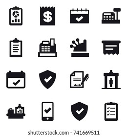 16 vector icon set : report, receipt, calendar, cashbox, clipboard, atm receipt, detector, baggage checking, mobile checking, clipboard list