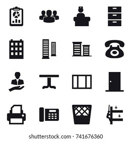 16 vector icon set : report, group, building, skyscrapers, district, table, window, door, trash bin, skyscrapers cleaning
