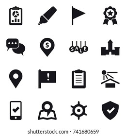 16 vector icon set : report, marker, flag, medal, discussion, dollar pin, sale, castle, mobile checking, map, handwheel