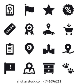 16 vector icon set : report, flag, star, percent, sale, medal, car pointer, add to cart, clipboard, dollar pin, castle, map, nightstand, pets
