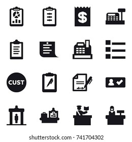 16 vector icon set : report, clipboard, receipt, cashbox, shopping list, list, check in, detector, baggage checking, inspector, reception