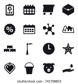 16 vector icon set : report, calendar, delivery, box, percent, project, block wall, outdoor light, starfish, heart pendant, bucket, pig, hand and drop