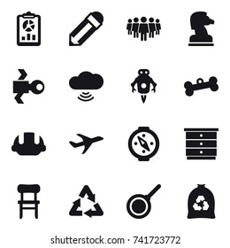 16 vector icon set : report, pencil, team, chess horse, satellite, cloud wireless, jet robot, bone, building helmet, compass, chest of drawers, chair, pan, garbage bag