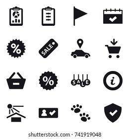 16 vector icon set : report, clipboard, flag, calendar, percent, sale, car pointer, add to cart, remove from basket, info, check in, pets