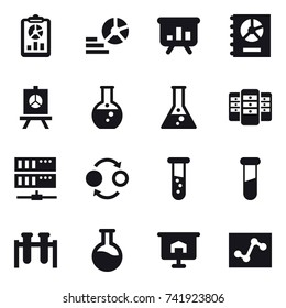 16 vector icon set : report, diagram, presentation, annual report, round flask, flask, server, quantum bond, vial