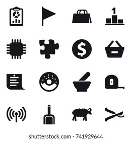 16 vector icon set : report, flag, shopping bag, pedestal, chip, puzzle, dollar coin, remove from basket, shopping list, donut, measuring tape, wireless, scoop, sheep, pruner