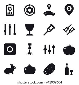 16 vector icon set : report, around gear, car pointer, dollar pin, equalizer, wineglass, ring button, rabbit, tomato, potato, wine