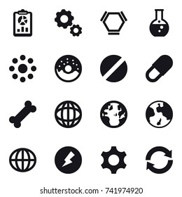 16 vector icon set : report, gear, hex molecule, round flask, round around, donut, earth, globe, electricity, reload