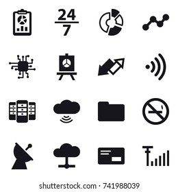 16 vector icon set : report, 24/7, circle diagram, graph, chip, presentation, up down arrow, wireless, server, cloud wireless, no smoking, satellite antenna