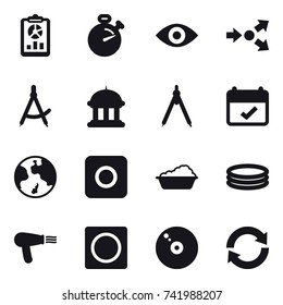 16 vector icon set : report, stopwatch, eye, core splitting, draw compass, goverment house, drawing compass, earth, ring button, washing, inflatable pool, hair dryer, reload