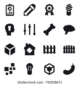 16 vector icon set : report, pencil, medal, bulb, bulb head, equalizer, 3d, smart house, fence, eggplant