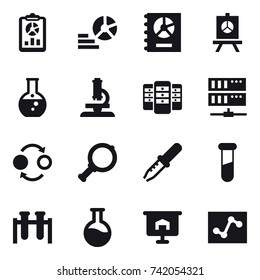 16 vector icon set : report, diagram, annual report, presentation, round flask, microscope, server, quantum bond, magnifier