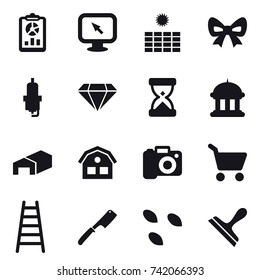 16 vector icon set : report, monitor arrow, sun power, bow, spark plug, diamond, goverment house, warehouse, house, camera, cart, stairs, chef knife, seeds, scraper