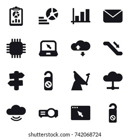 16 vector icon set : report, diagram, graph, mail, chip, notebook, cloude service, escalator, signpost, do not distrub