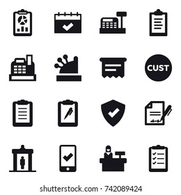 16 vector icon set : report, calendar, cashbox, clipboard, atm receipt, detector, mobile checking, reception, clipboard list