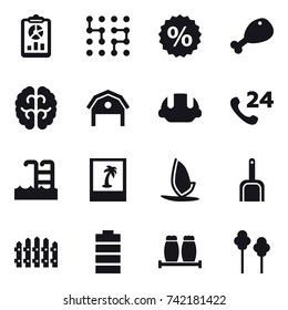 16 vector icon set : report, chip, percent, chicken leg, barn, building helmet, pool, photo, windsurfing, scoop, fence, trees
