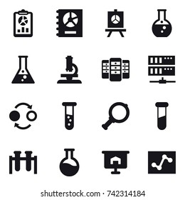 16 vector icon set : report, annual report, presentation, round flask, flask, microscope, server, quantum bond, vial, magnifier