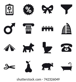 16 vector icon set : report, percent, bow, funnel, column, bridge, skyscraper, tent, dog, toilet, phone, scissors, pear, sheep, bath