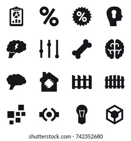 16 vector icon set : report, percent, bulb head, brain, equalizer, smart house, fence