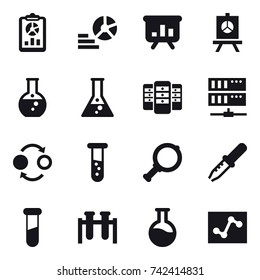 16 vector icon set : report, diagram, presentation, round flask, flask, server, quantum bond, vial, magnifier